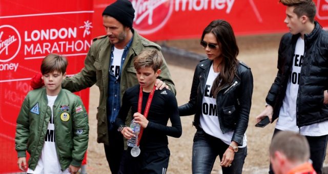 Romeo Beckham (C), Cruz Beckham (L), father David Beckham (2nd L), mother Victoria Beckham (2nd R) and brother Brooklyn Beckham (R)