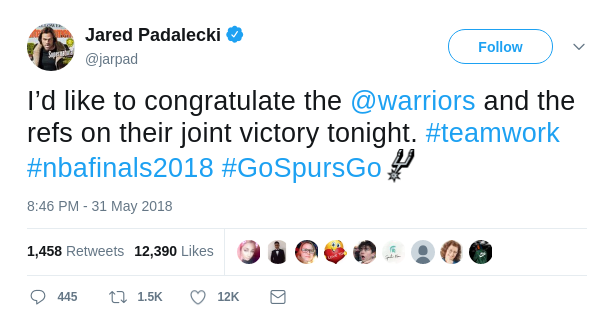 Jared Padalecki's Tweet on NBA Finals 2018