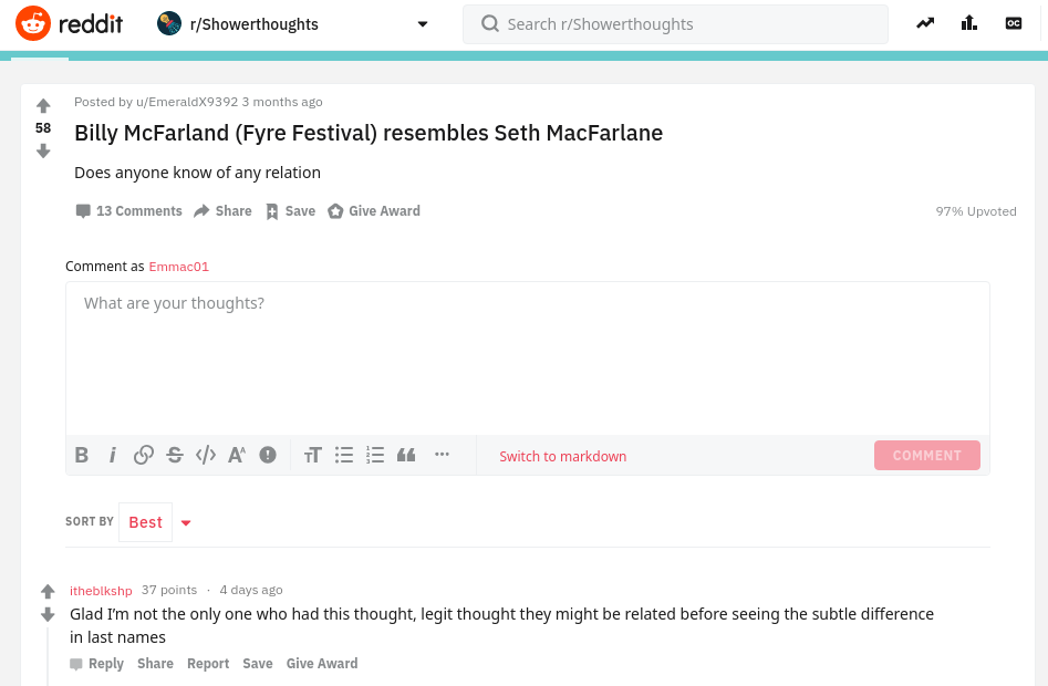 Reddit Billy McFarland Seth MacFarlane Related