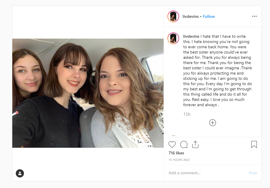 Bianca Devins' Sister Liv Devins' Instagram Post