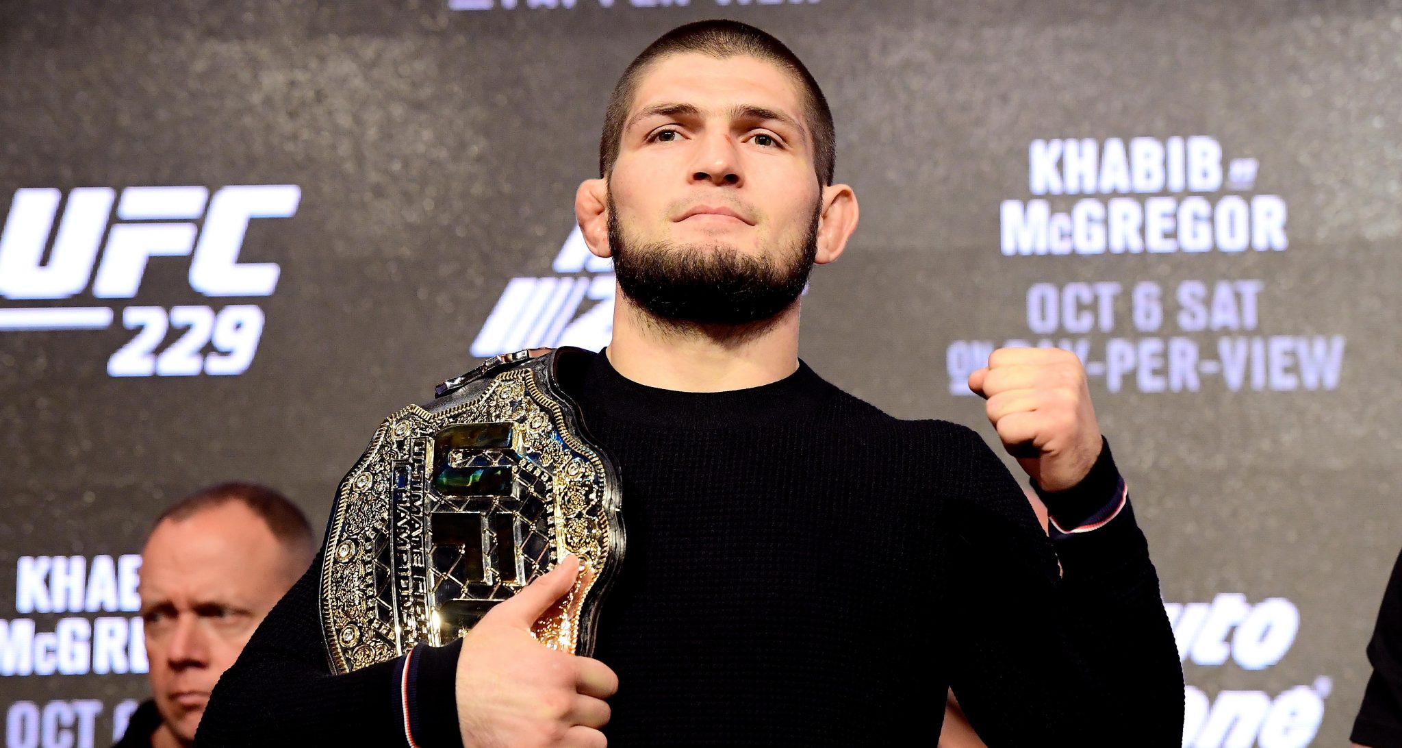 Lightweight Champion Khabib Nurmagomedov poses for photos during the UFC 229 Press Conference