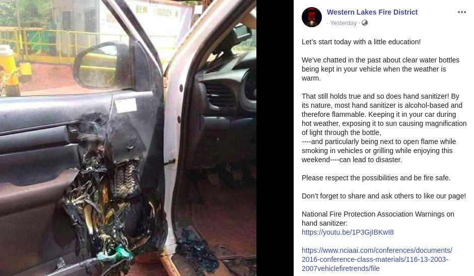 Screenshot of Facebook post posted by Western Lakes Fire Department in Wisconsin on May 21 2020
